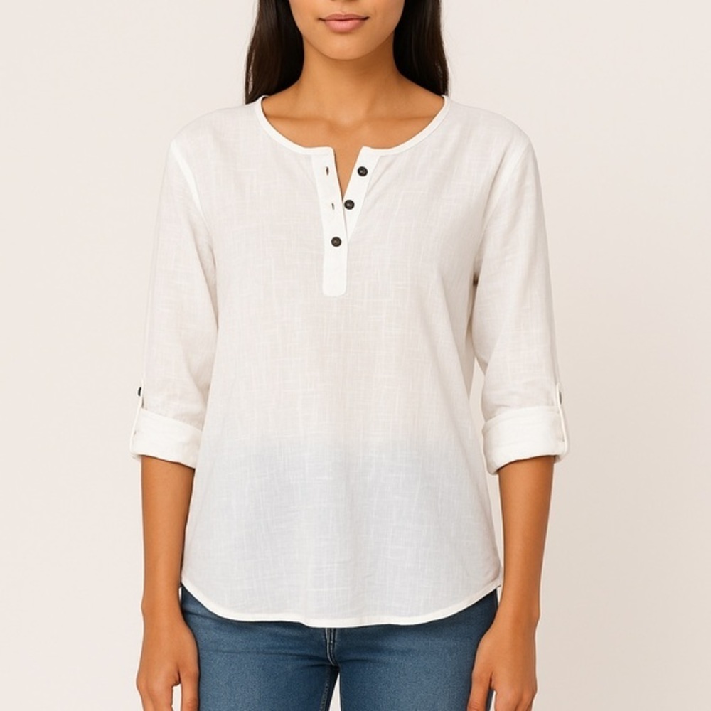 Wulful Women’s White Henley Blouse – Size Medium